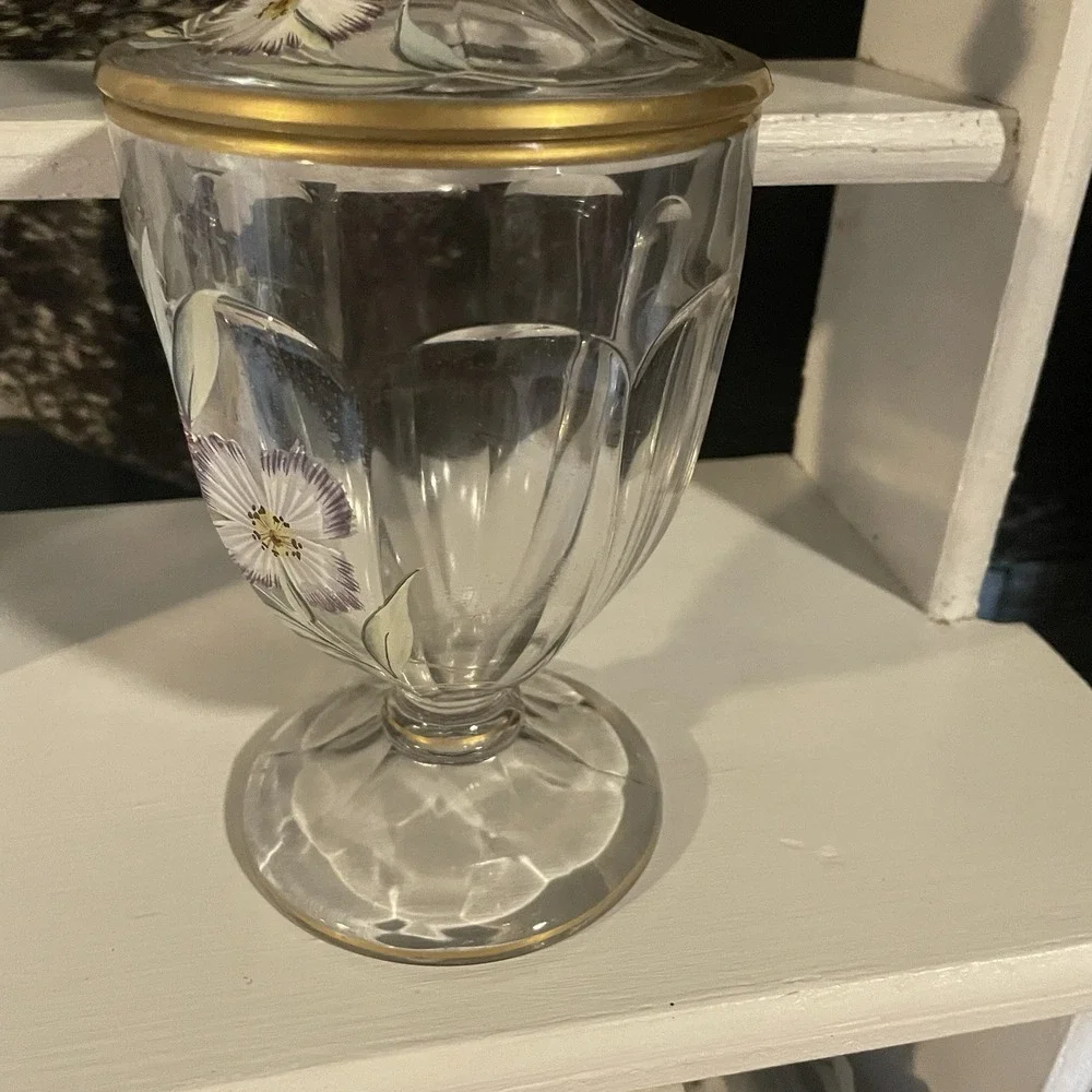 HANDPAINTED CRYSTAL FOOTED LIDDED CANDY JAR JEWELRY APOTHACARY‎ CABINET DISPLAY